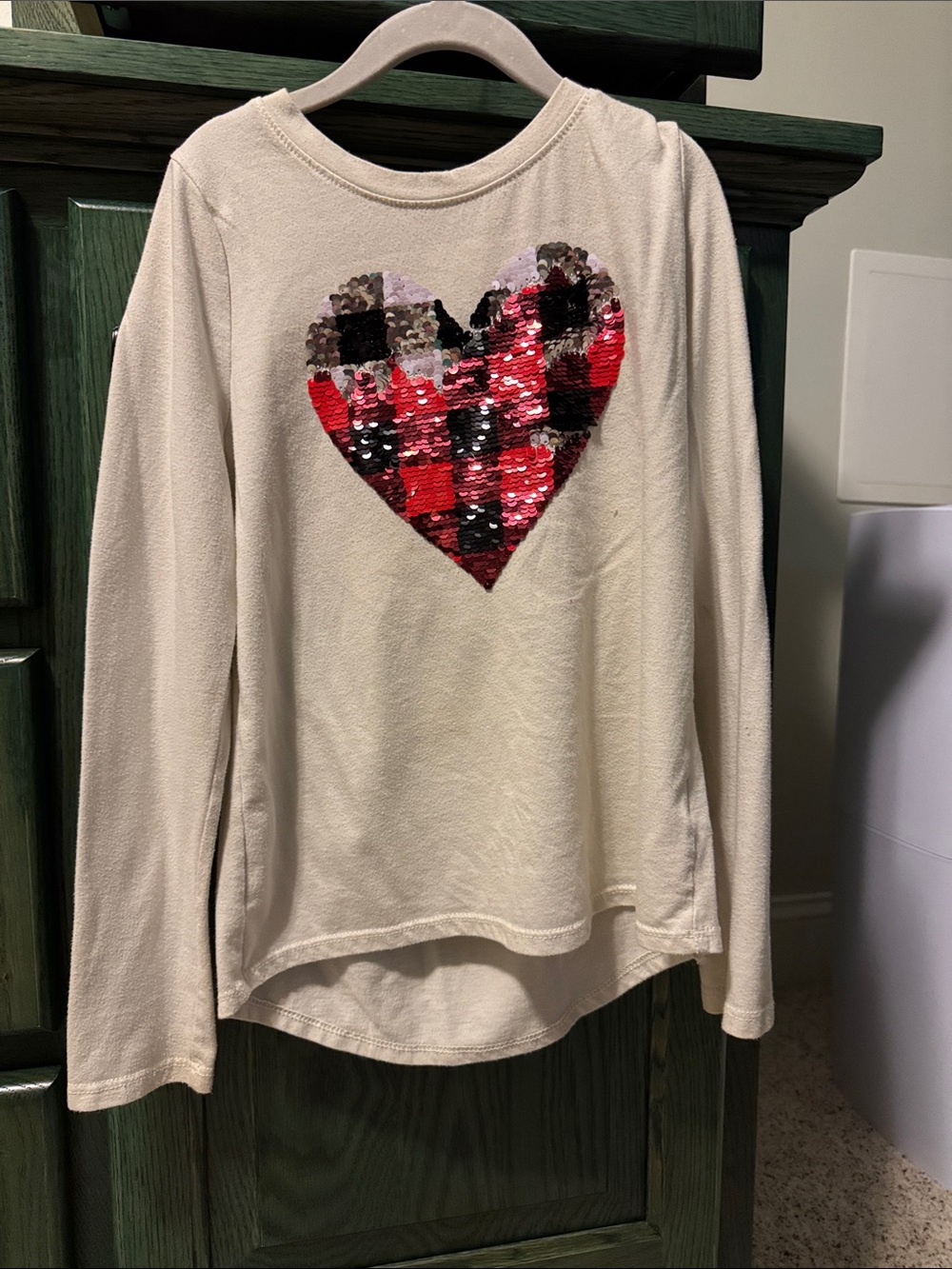 Cat & Jack Cream Long-Sleeve Top with Red Plaid Sequin Heart